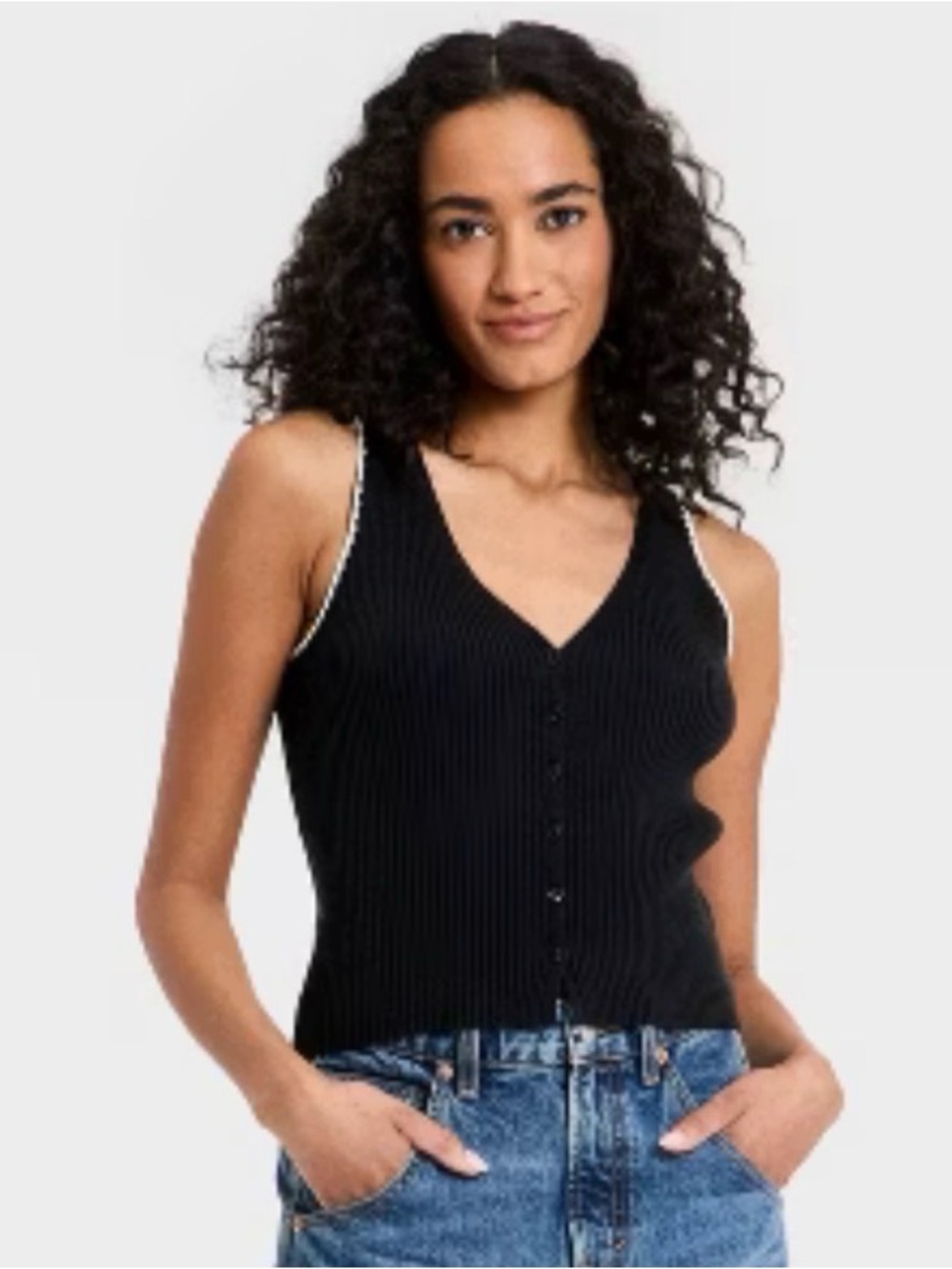 NWT Black Ribbed Button Tank with White Trim